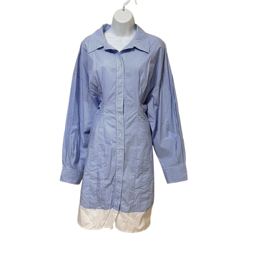 L'Academie Blue White‎ Striped Cinched Waist Mini Shirt Dress XL Cotton Blend